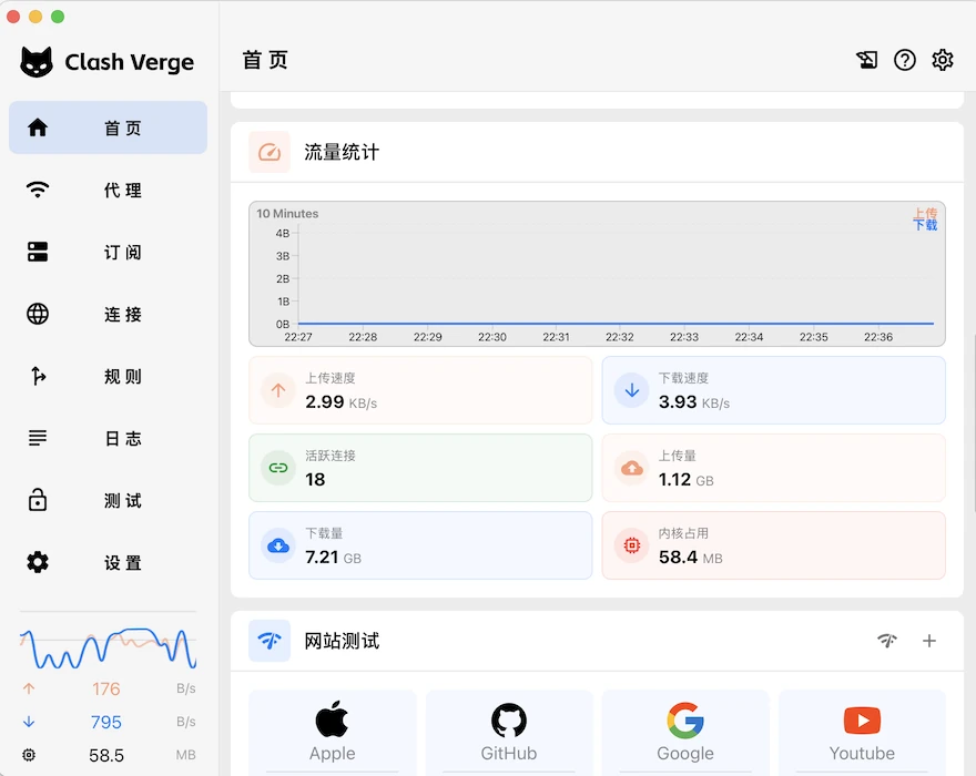 Clash Verge 客户端流量统计与代理管理界面